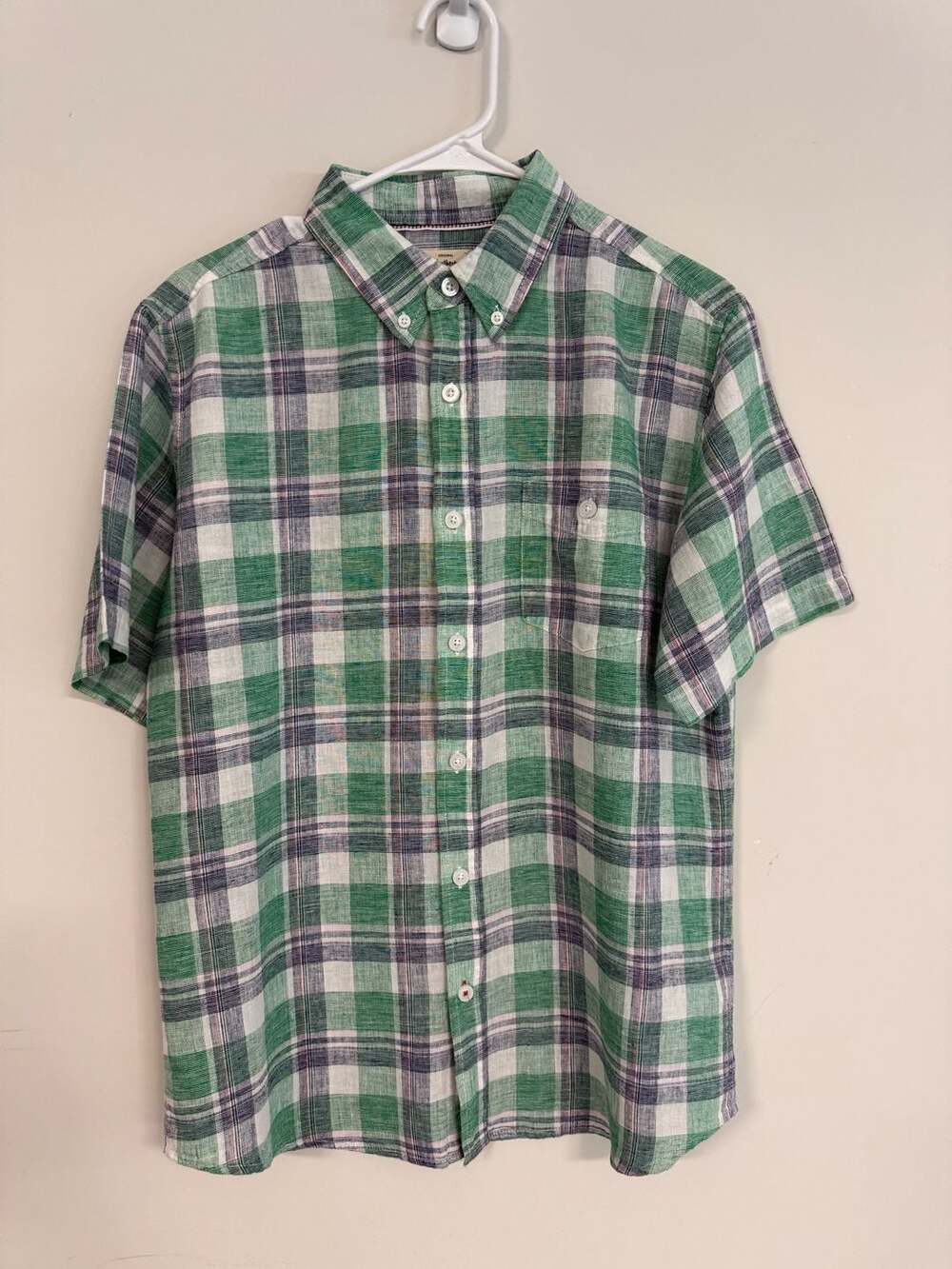 Weatherproof Vintage Men's Green/Blue Plaid Washable Linen Cotton S/S Button Dow